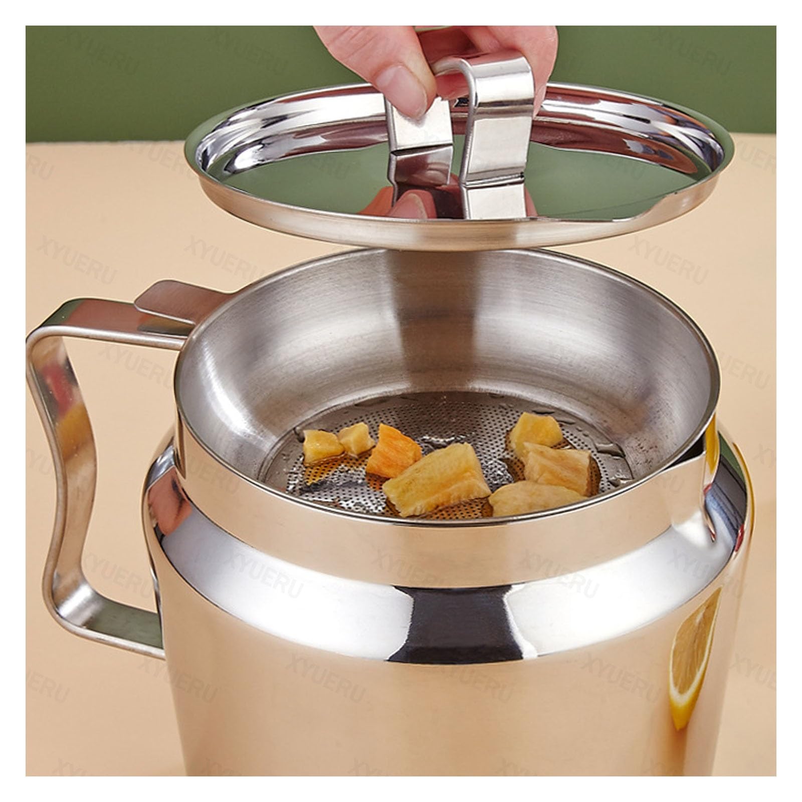 Contenedor de aceite de acero inoxidable con tamiz, separador de grasa de cocina y filtro, desnatador de grasa para aceite de cocina y almacenamiento, ideal para gestión de grasa por goteo