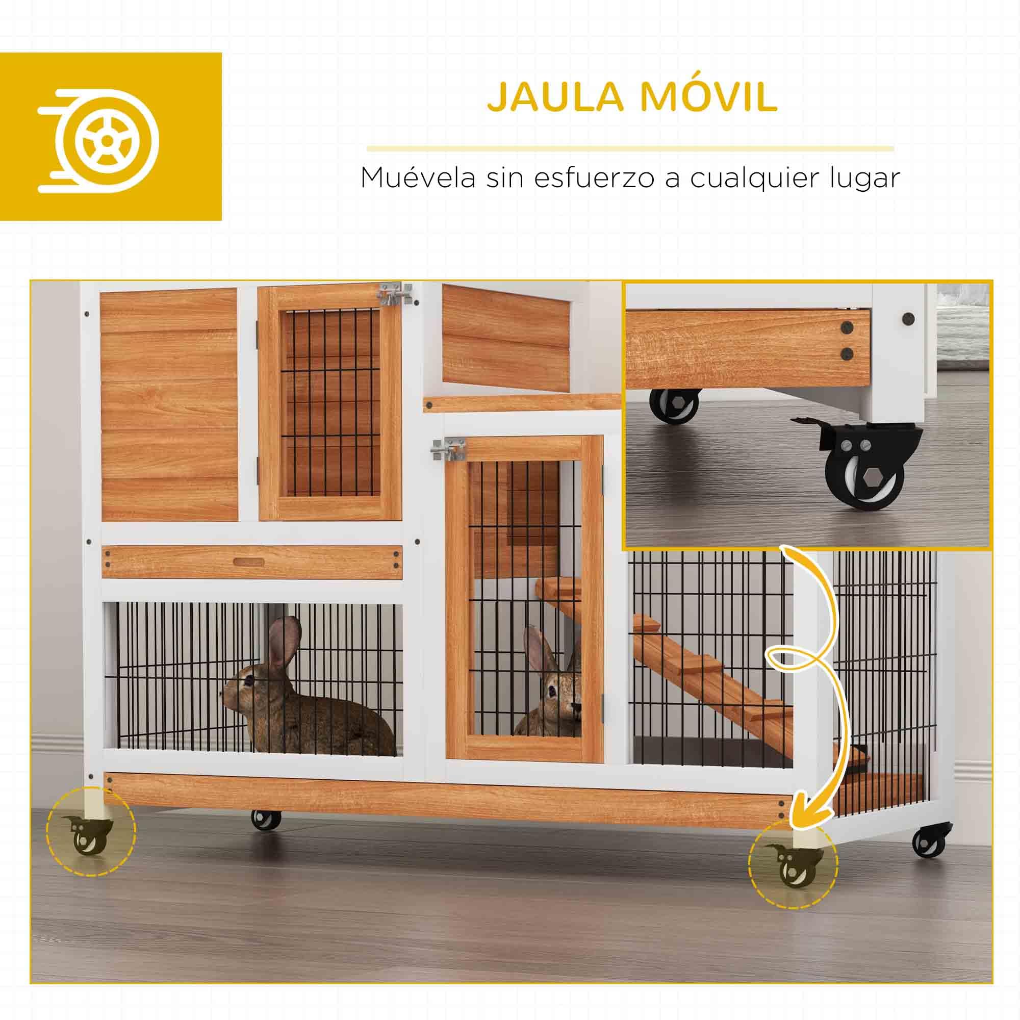 PawHut Conejera de Madera de 2 Niveles Jaula para Conejos con Ruedas Puertas Zona Abierta Rampa y 2 Bandejas Extraíbles Conejera para Interior 110x50x88 cm Natural y Blanco