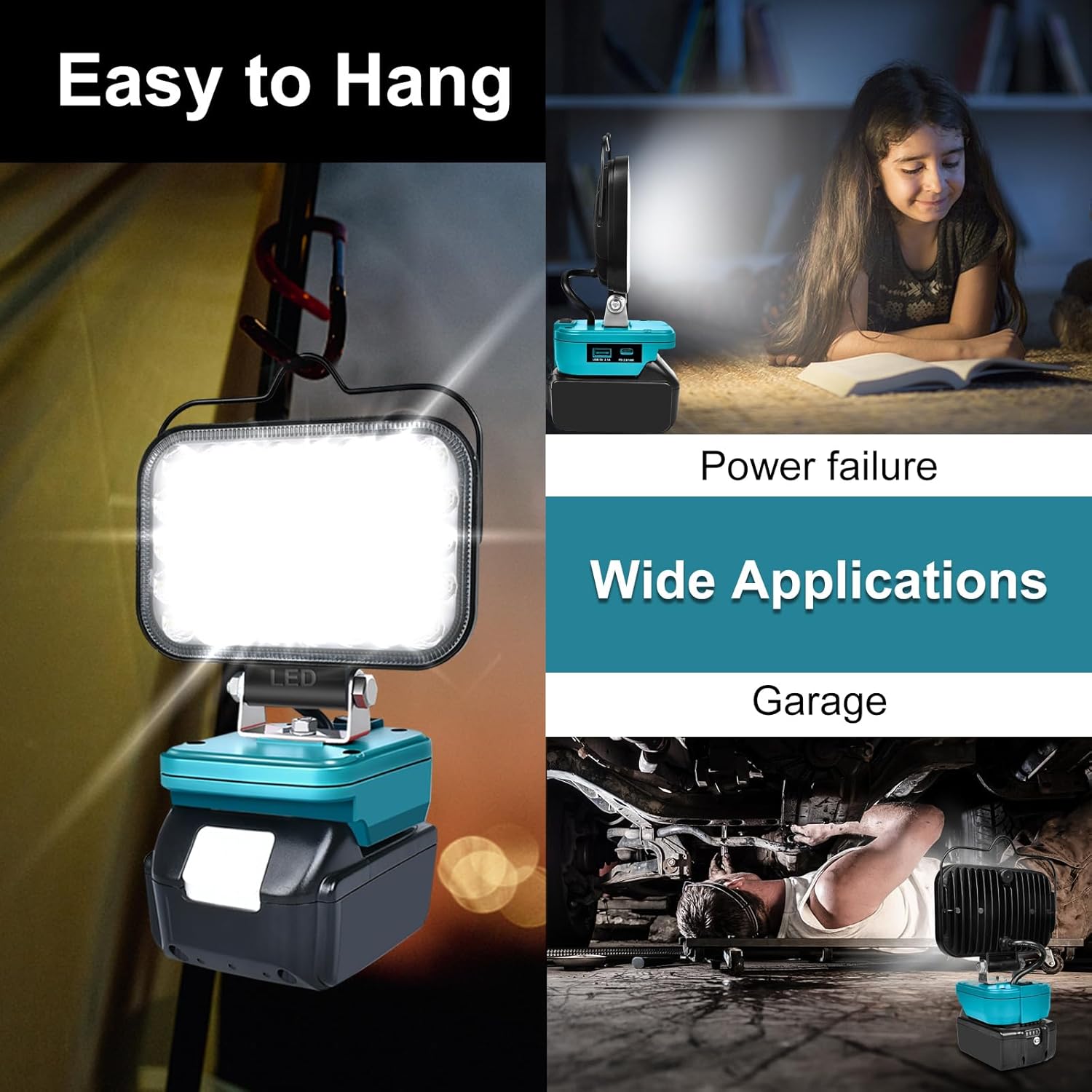Cordless LED Work Light for Makita 18v Battery, Portable Flood Lights 80W Spotlight Compact Lighting 8000LM With Type C & USB Fast Charging for Camping, Hiking, Fishing,Power Failure,Job Site,Workshop