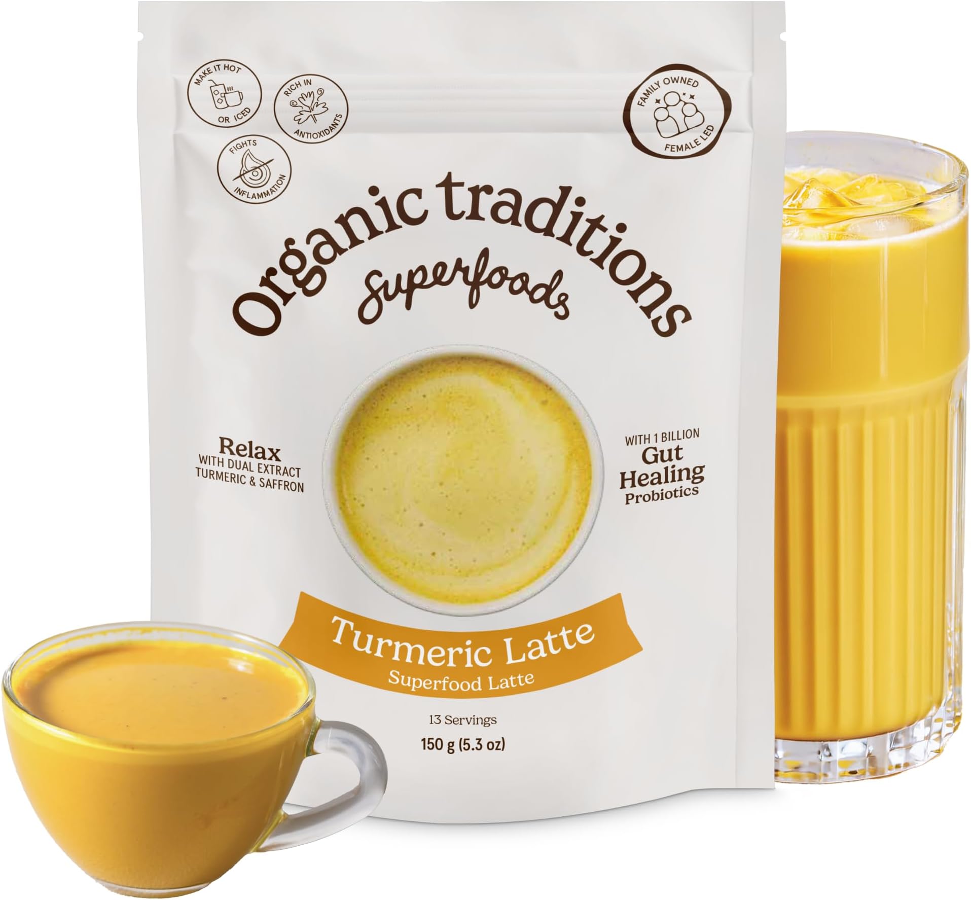 Organic Traditions Turmeric Latte with Saffron & Probiotics | 150g (5.3oz) | 13 Servings | Instant Dual Extract Turmeric, Ginger & Black Pepper