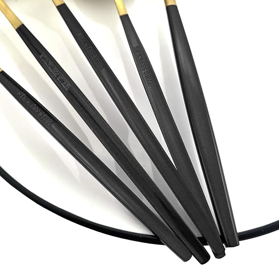 Matte Gold Silverware Set, 30-Piece 18/8 Stainless Steel Flatware Sets for 6, Flat Style Tableware Satin Cutlery Set for Home and Restaurant, Hand Wash Recommended (Black Handle Gold)