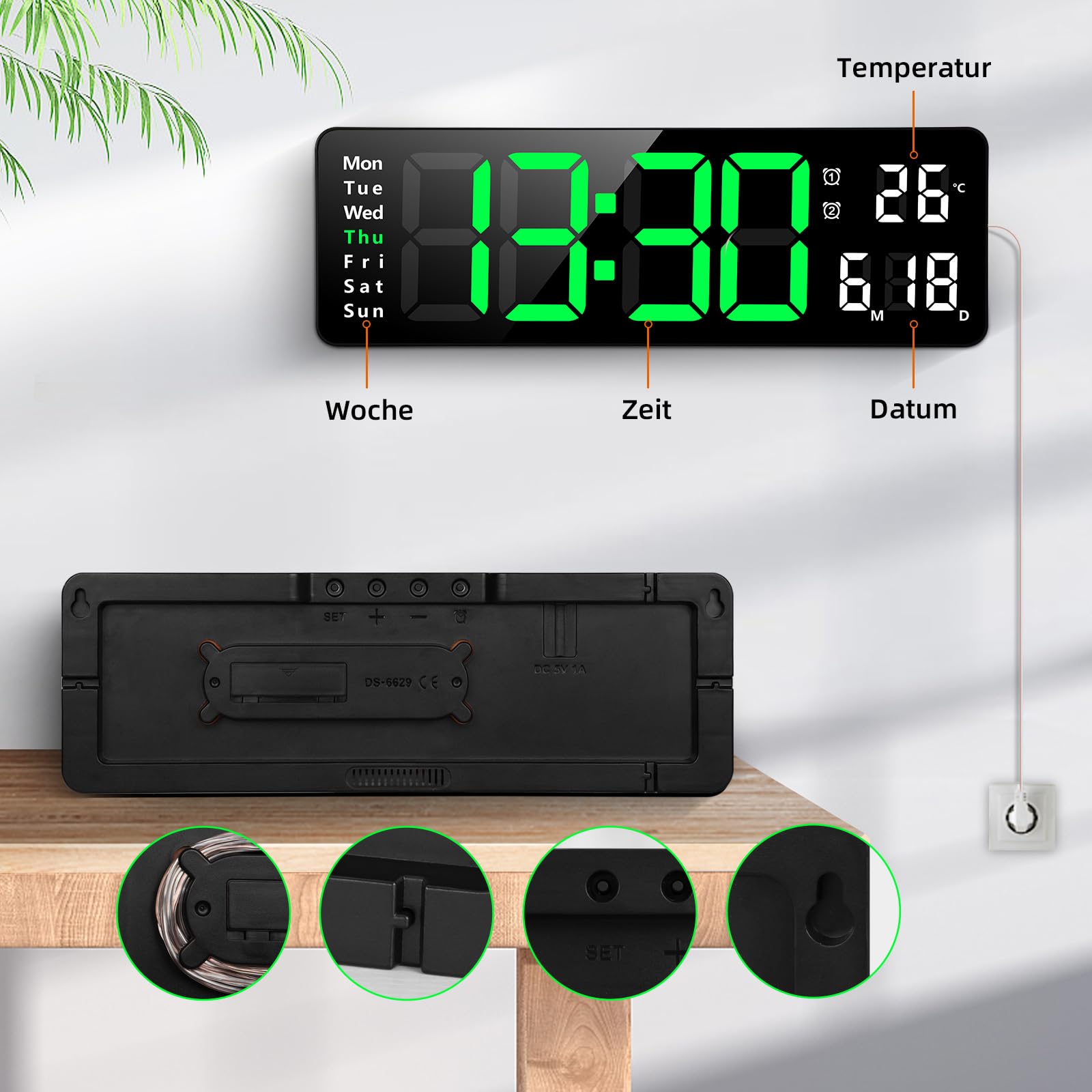 Koolertron Cyfrowy zegar ścienny LED, 13 cali, duży wyświetlacz, cyfrowy zegar z pilotem zdalnego sterowania, odliczanie, regulowana jasność, zegar ścienny z godziną/datą/temperaturą, do salonu