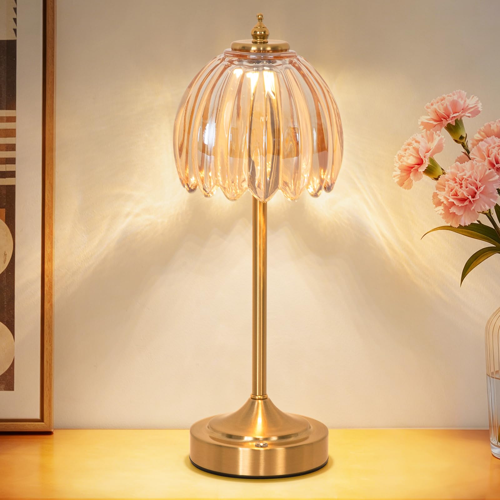 Vloitgol Tulip Table Lamp with 5000mAh Battery & Touch Control, Cordless Small Table Lamp with 3 Colors, Dimmable Rechargeable Table Lamps for Living Room, Bedroom, Bedside, Nightstand (Amber Tulip)