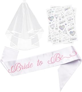 Party to Be Elegant Bride to Be Sash Set – Embroidered Sash, Plain Veil & Temporary Tattoos – Bridal Shower Hen Night Bachelorette Party Accessories