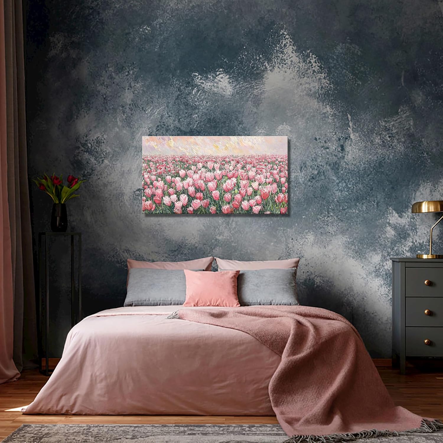 Kalormore Tulip Flower Framed Canvas Wall Art Modern Wildflower Wall Decor Large Elegant Floral Artwork for Living Room Bedroom Office (Pink)