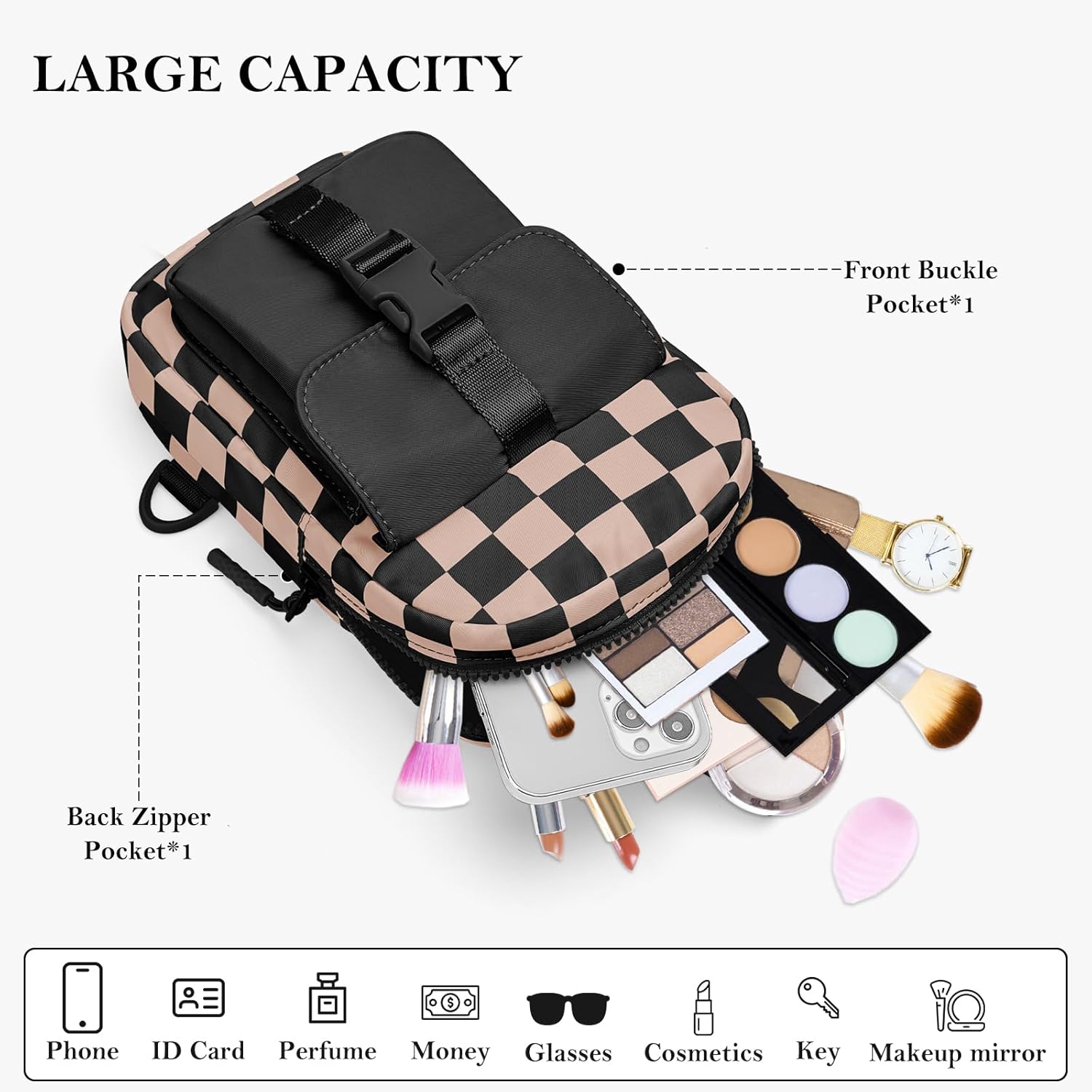 BIAOTIE Small Sling Bag for Women Nylon Cross body Bags Sling Backpack Purse for Travel (Dark Khaki Checkered) - Image 2