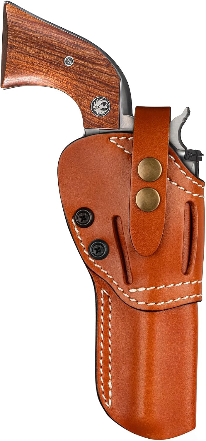 Revolver 22 4.75 Inch Leather Holster for Ruger Wrangler 4 5/8" and Heritage Rough Rider 4 3/4" and Similar Size Pistols, Adjustable Retention, Ambidextrous, Brown Color