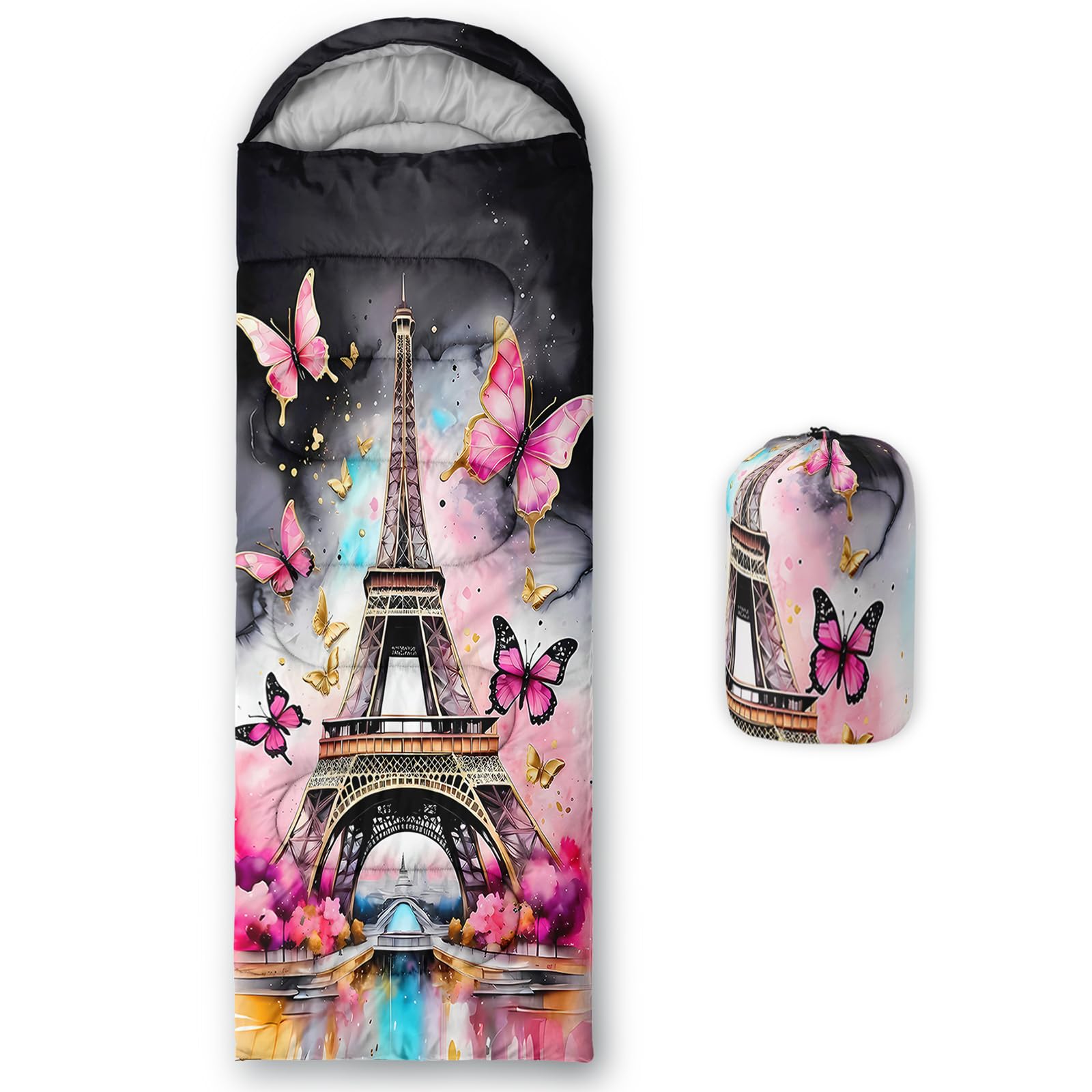 QOOMO Eiffel Tower Waterproof Sleeping Bags for Adults & Kids,Printed Camping Sleeping Bags, 3 Season Warm & Cool Weather,Traveling,and Outdoors,Camping Gear Equipment,31x90inch