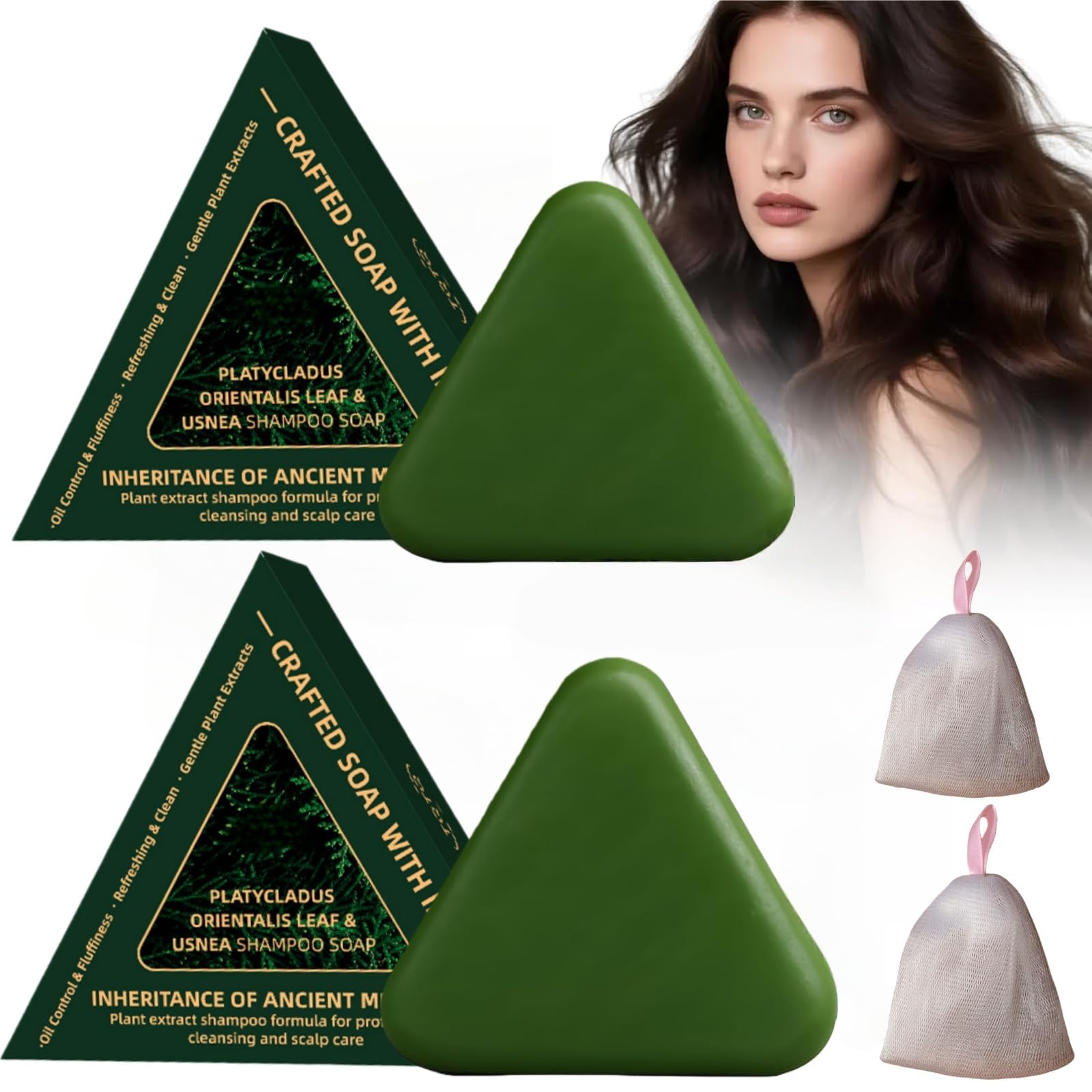 2 PCS Nature Triangle Shampoo Bar, Nature Seven Green Soap Shampoo,Gentle Cleansing and Nourishing Care for Nourishing Looking Hair, Plant-Based Solid Shampoos Bar, Herbal Hair Care