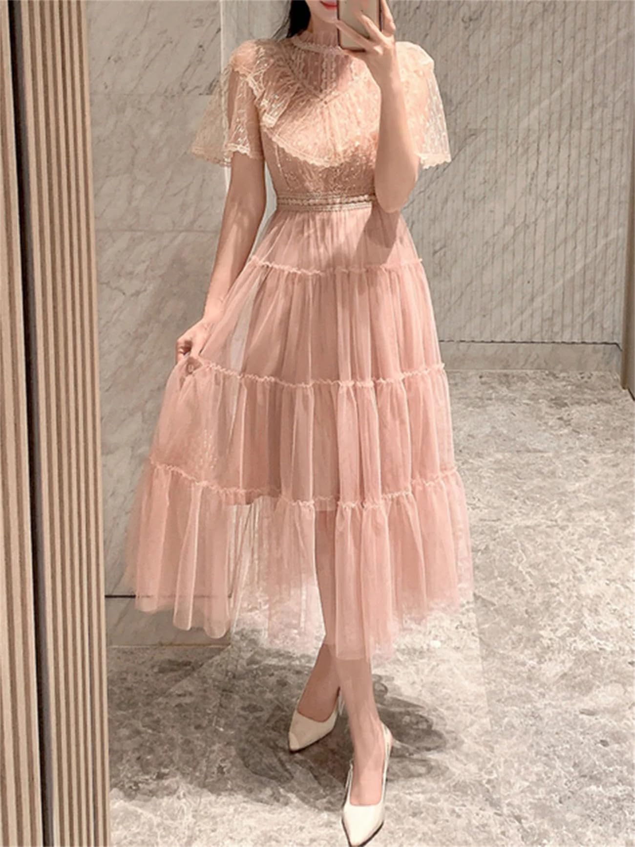 Yeuyyben Vestito da donna elegante con paillettes francese O collo manica corta vita pizzo Mesh abiti per donna