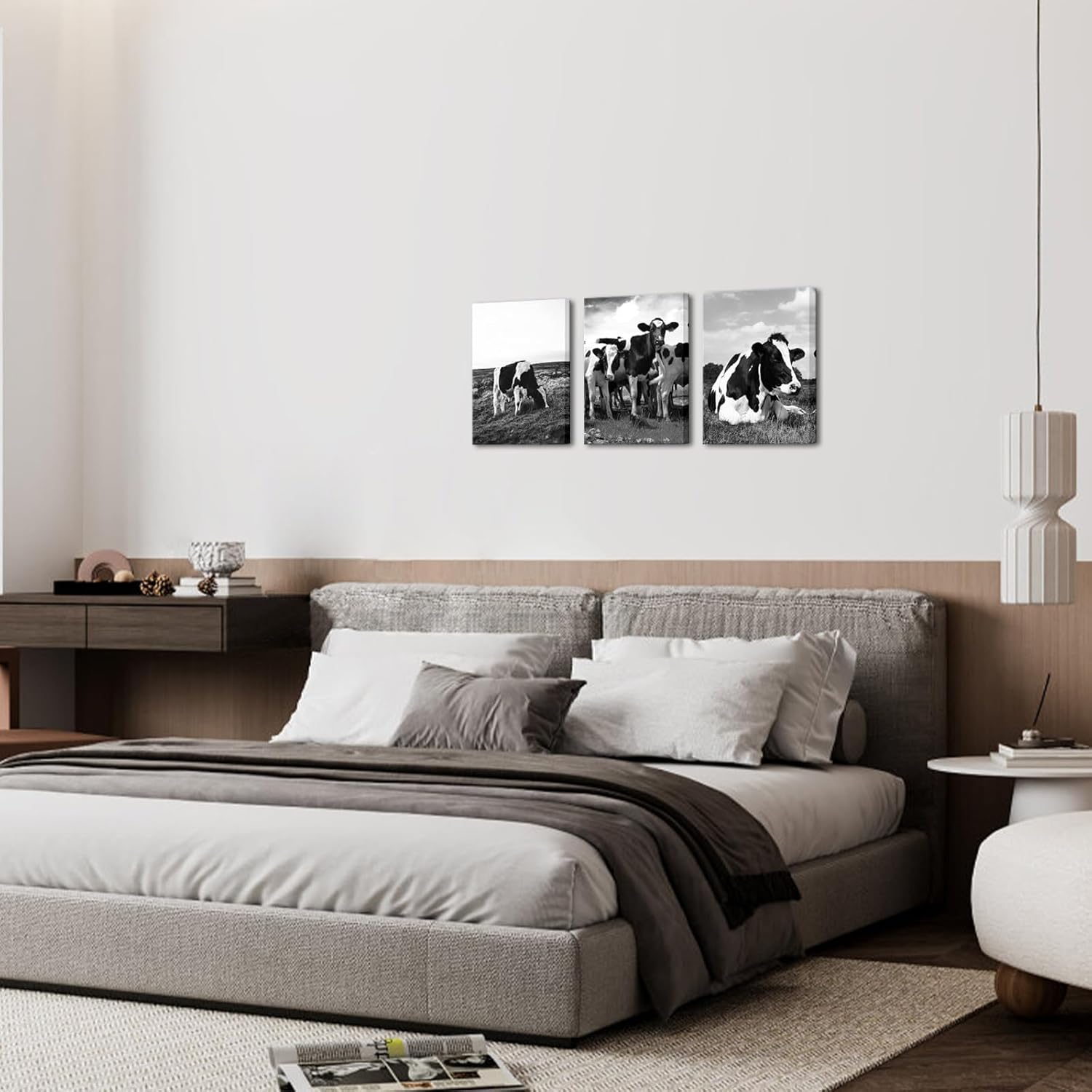 Nachic Wall 3 Piece Farm Animal Canvas Wall Art Black and White Milk Cow Pictures Animal Painting Prints Framed Art Vintage Home Cabin Farmhouse Decorations