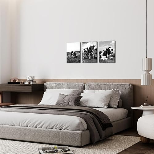 Miniatura 4 de Nachic Wall 3 piezas de lienzo de animales de granja, arte de pared en blanco y negro, imágenes de animales de vaca lechera, impresiones de pintura