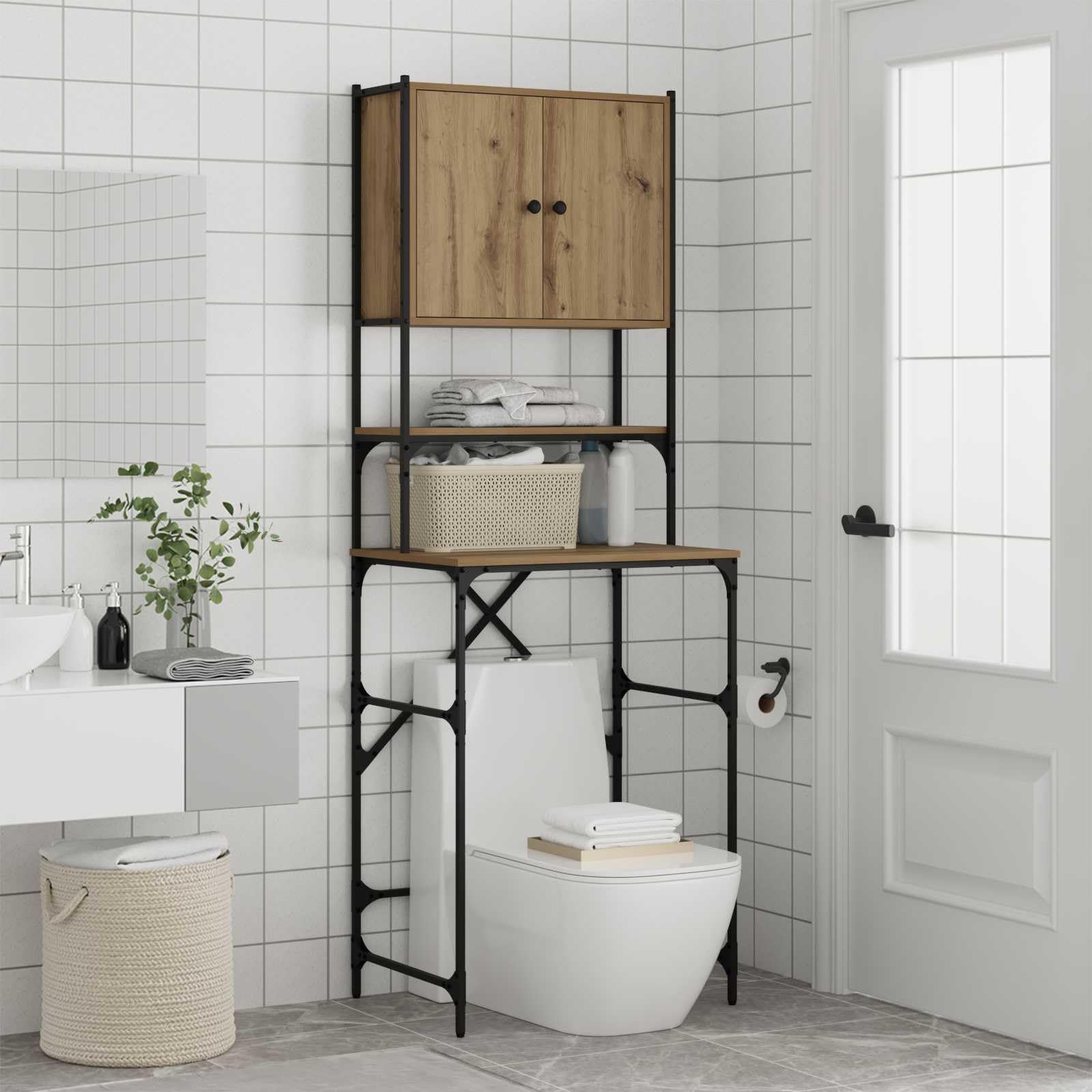 Szafka na bieliznę z drewna konstrukcyjnego 68 x 48,5 x 194 cm, szafka do przechowywania z regulowanymi półkami na detergenty i ręczniki, nowoczesny design do pralni lub salonu