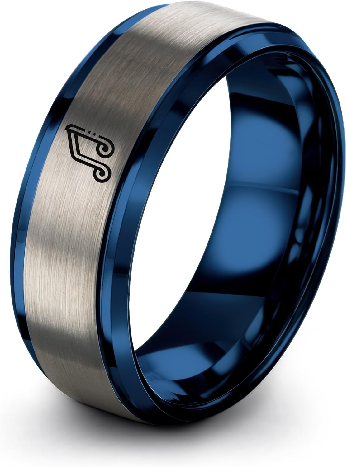 Gift for Music Fan - Music Note Ring - Band - Brushed Polished - Personalized Custom Engraving - Anniversary Wedding - Flat Dome Bevel - Silver Blue Black - Men Women - Tungsten Carbide - 8mm