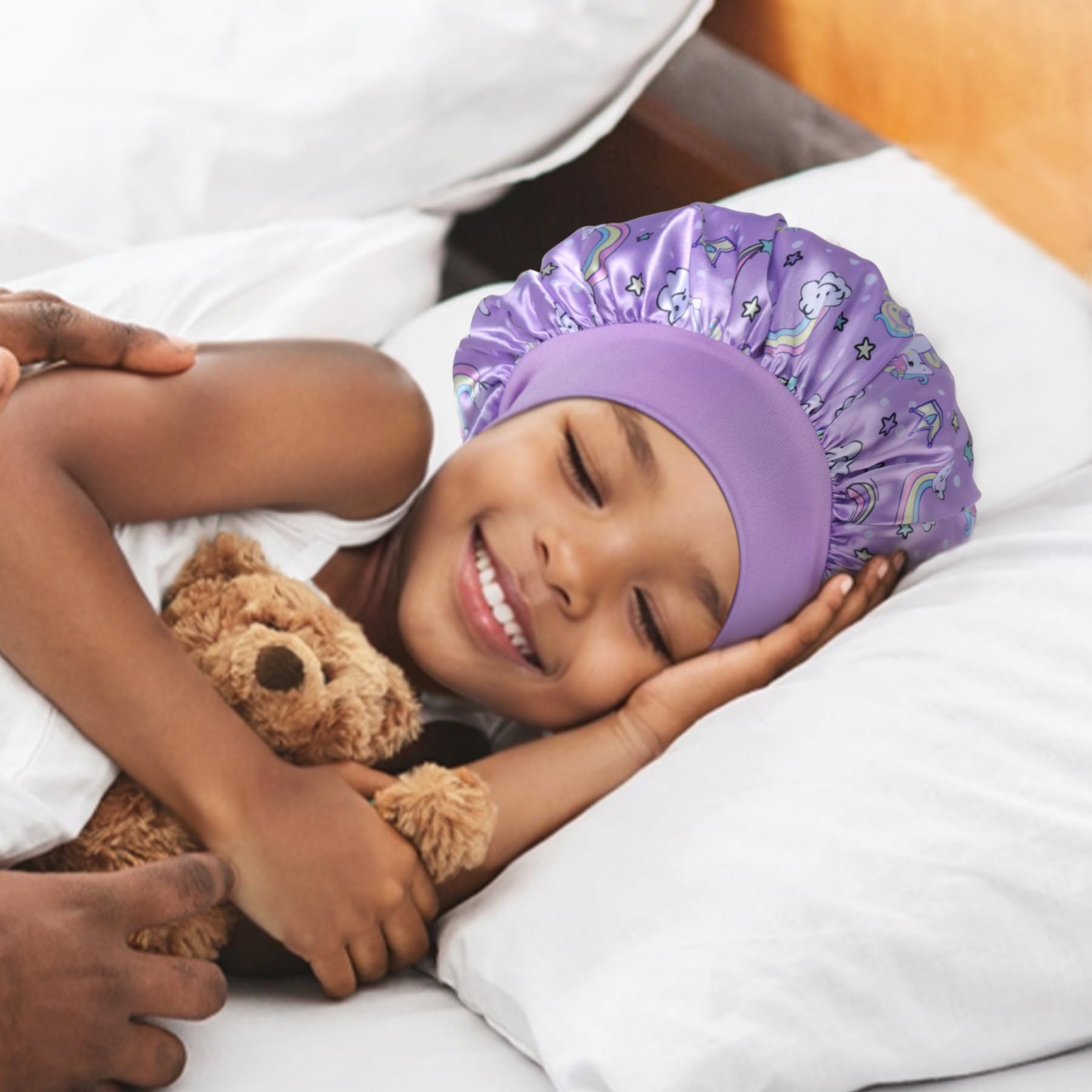 Ainelure Kids Hair Bonnet for Sleeping 3 Pack Satin Hair Bonnets for Kids Girls Toddler Nightcap Gift, Pink+Sky Blue+Purple - Image 4