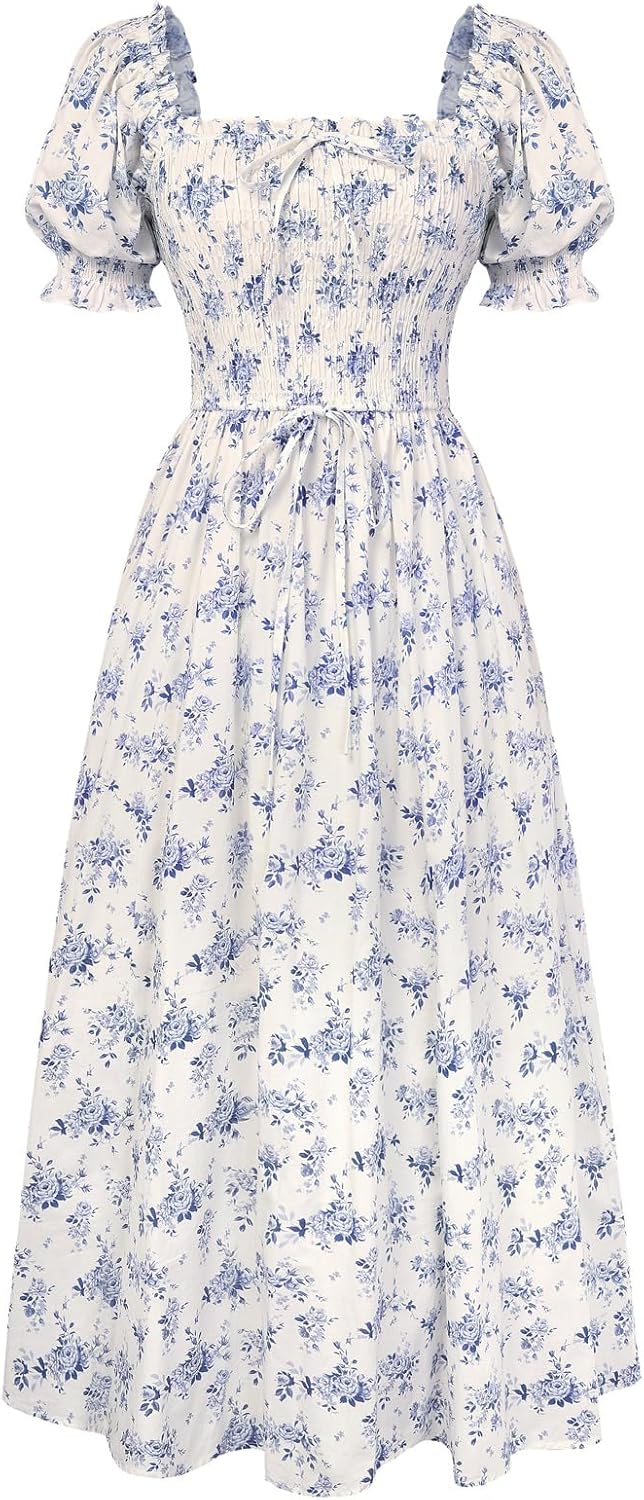 Scarlet Darkness Women 2026 Floral Dress Cottagecore Cotton Dresses Short Sleeve Square Neck Smocked Dress