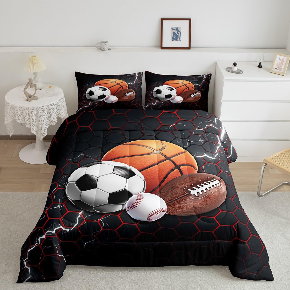 Feelyou Basketball Comforter Set Full Size Rugby Sports Comforter for Boys Girls Teens Football Bedding Set Baseball Duvet Set Room Decor Balck Red Mixed Ball Quilt Set