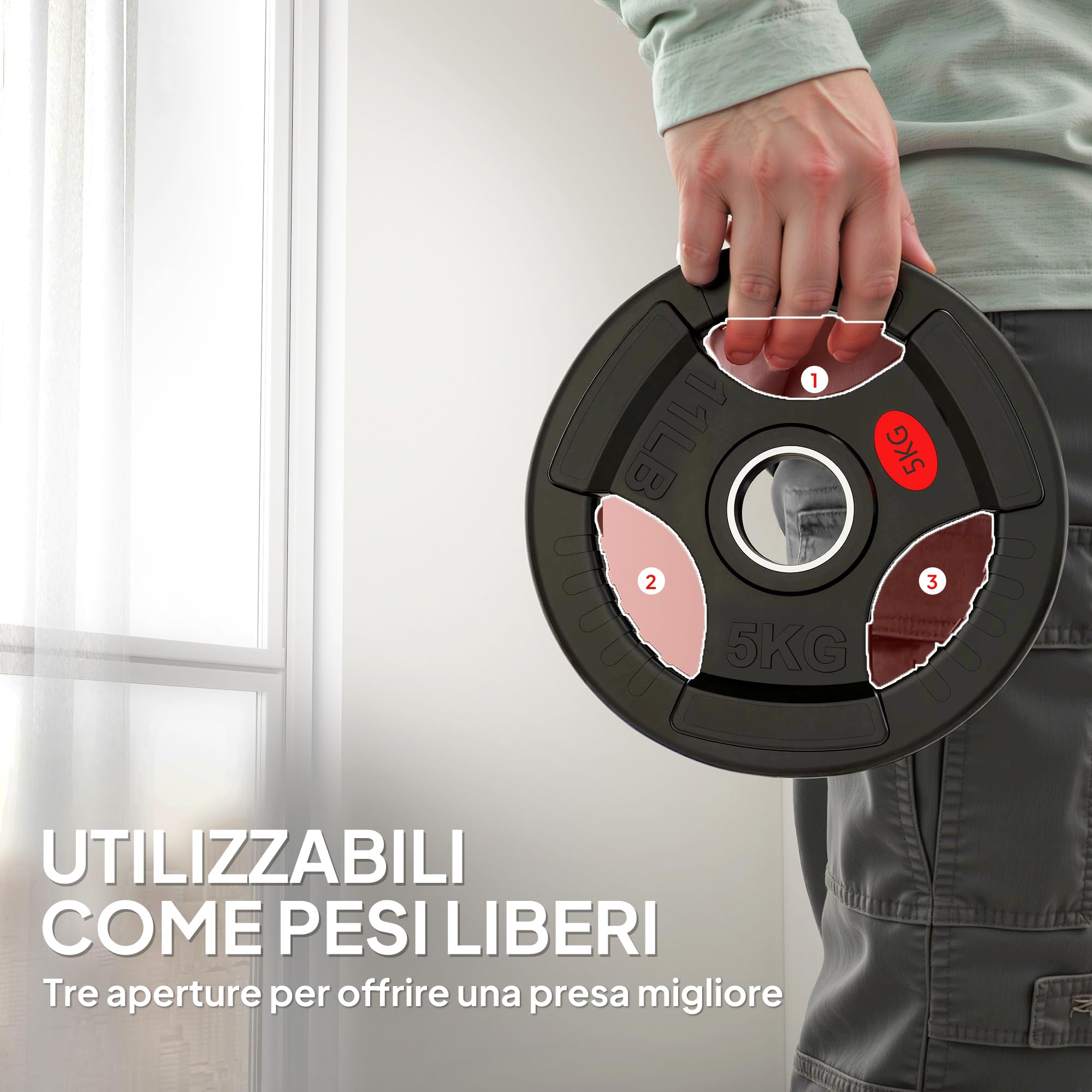 SPORTNOW Set di Dischi Pesi 2x2.5/2x5/2x10/2x15/20 kg con Foro da 5 cm per Bilancieri, 3 Impugnature per Allenamento a Casa e Palestra, in Acciaio con Rivestimento in Plastica, Nero