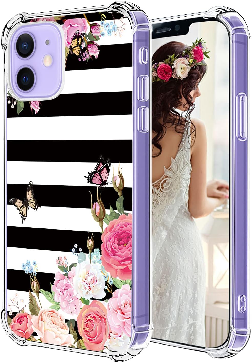 Hepix Stripe Floral Case Compatible with iPhone 12 Mini 5.4 inch 2020, Pink Roses Flower with Butterfly Design Case, Soft TPU Stylish Slim Thin Cute Raised Lips Anti-Scratch Shockproof Protective Case