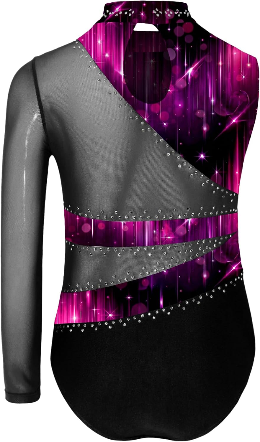 Sparkly Gymnastics Leotards for Girls Asymmetric Sleeve Dance Unitard Competition Bodysuit