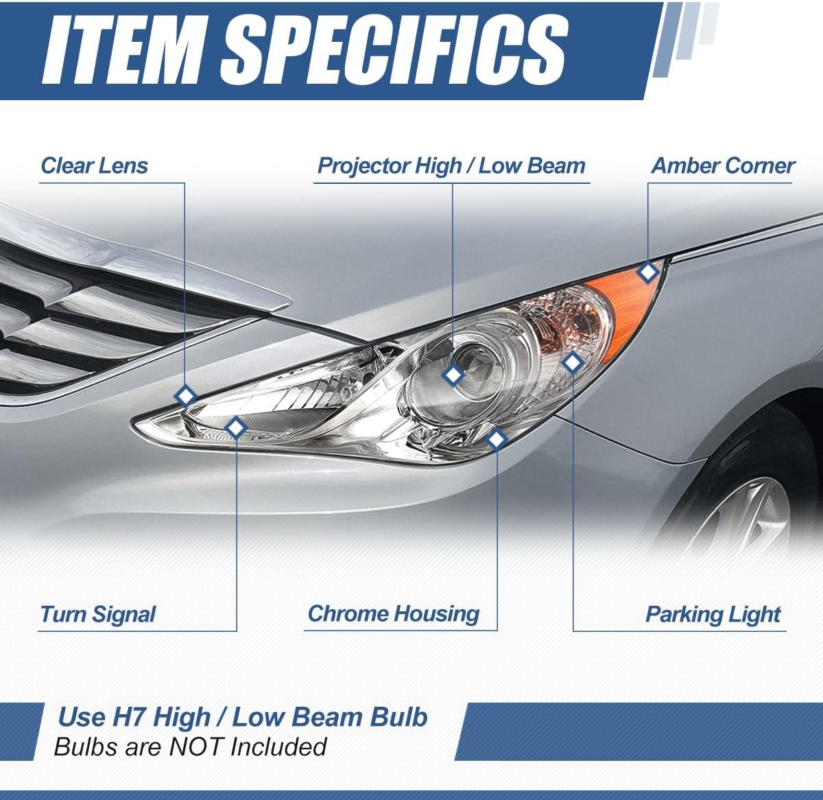 Auto Dynasty Projector Headlight Assembly Compatible with 2011 2012 2013 2014 Sonata (Excludes Hybrid), Headlamps Replacement, Driver and Passenger Side, Chrome Housing Amber Corner