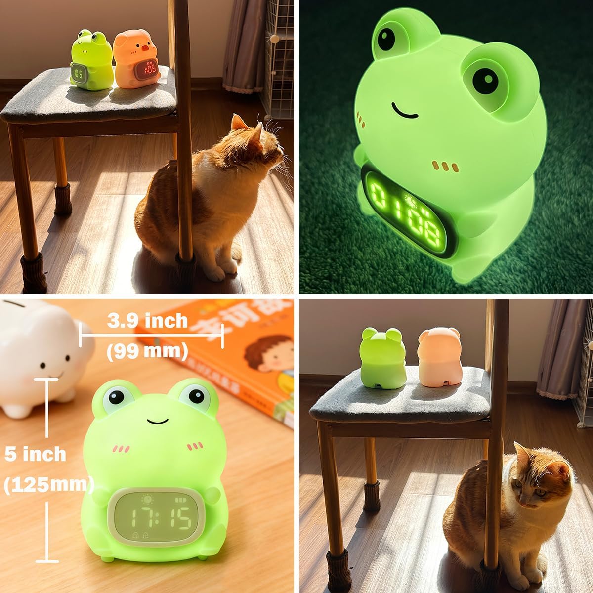Alarm Clock Night Light for Kids, Rechargeable Soft Silicone Pat Control Digital Lamp, Non-Flickering Eye-Caring LED Warm Lights, Auto Turn Off, Timer Function, Soothing Mood (Green Frog)