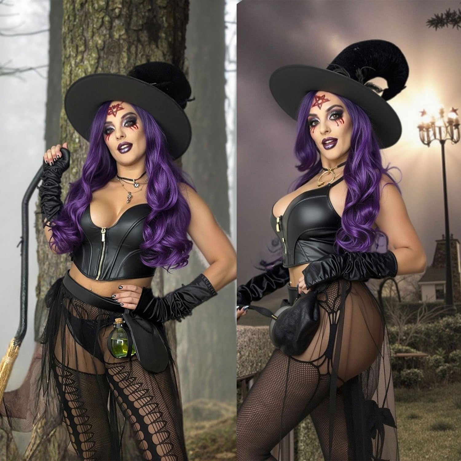 Ombre Wig Purple Wigs Long Curly Wavy Hair Wigs Heat Resistant 2 Tones Dark Roots Synthetic Wigs for Black Women Daily Party Cosplay Witch
