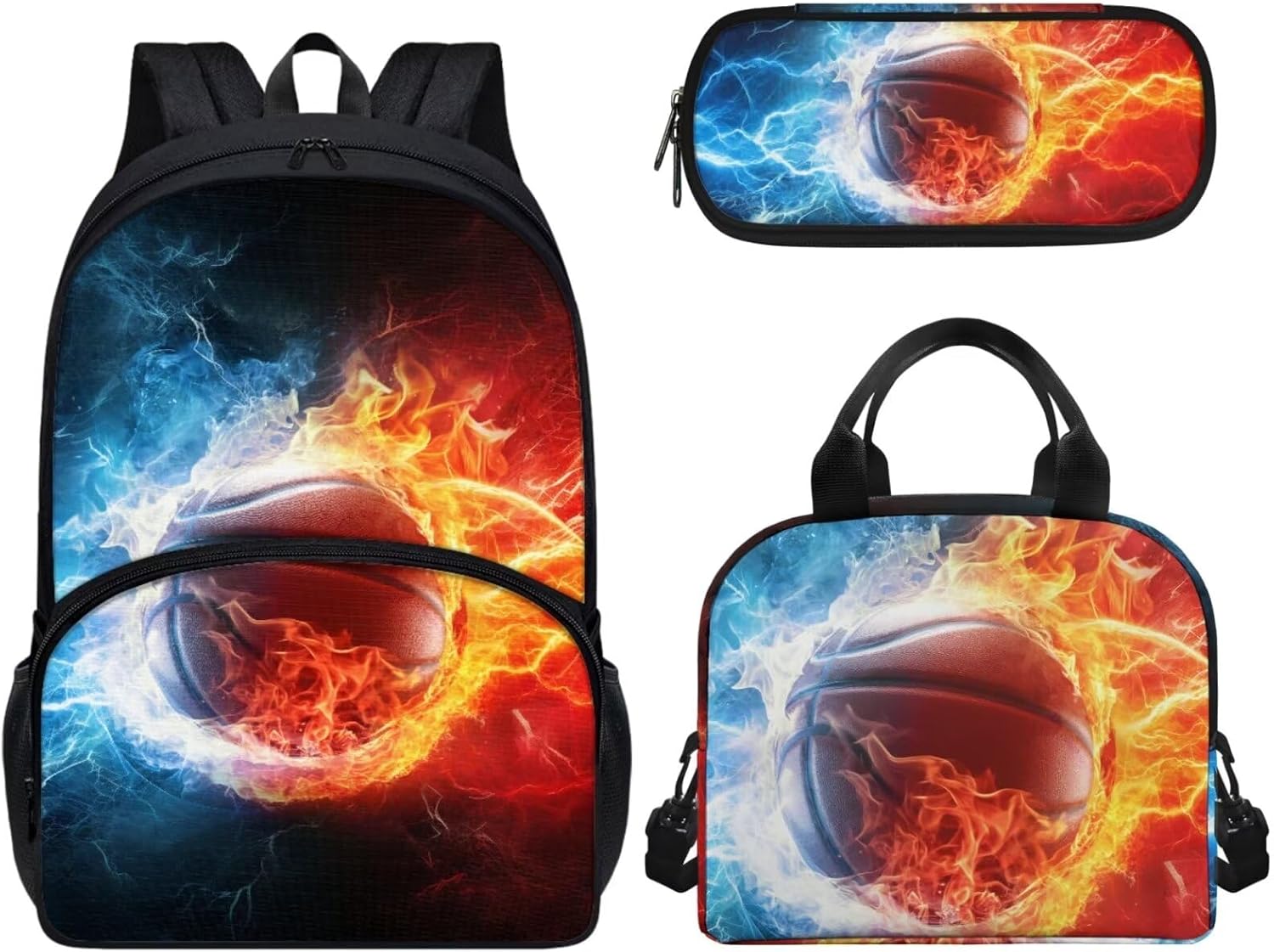 Fire Basketball Print 17 In Boys Backpacks for School Kids Boys Girls School Bookbag Set with Lunch Bag and Pencil Pouch, Set 3 in 1 Back to School Supplies Essentials