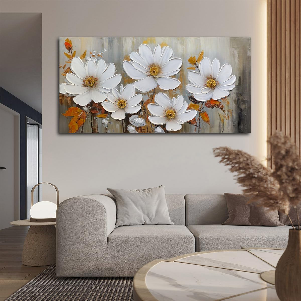 Acocifi Large Flower Wall Art for Living Room Textured Vintage Painting Elegant White Floral Picture, Grey Brown Artwork for Living Bedroom Dining Room Office Home Decor 40"x20"