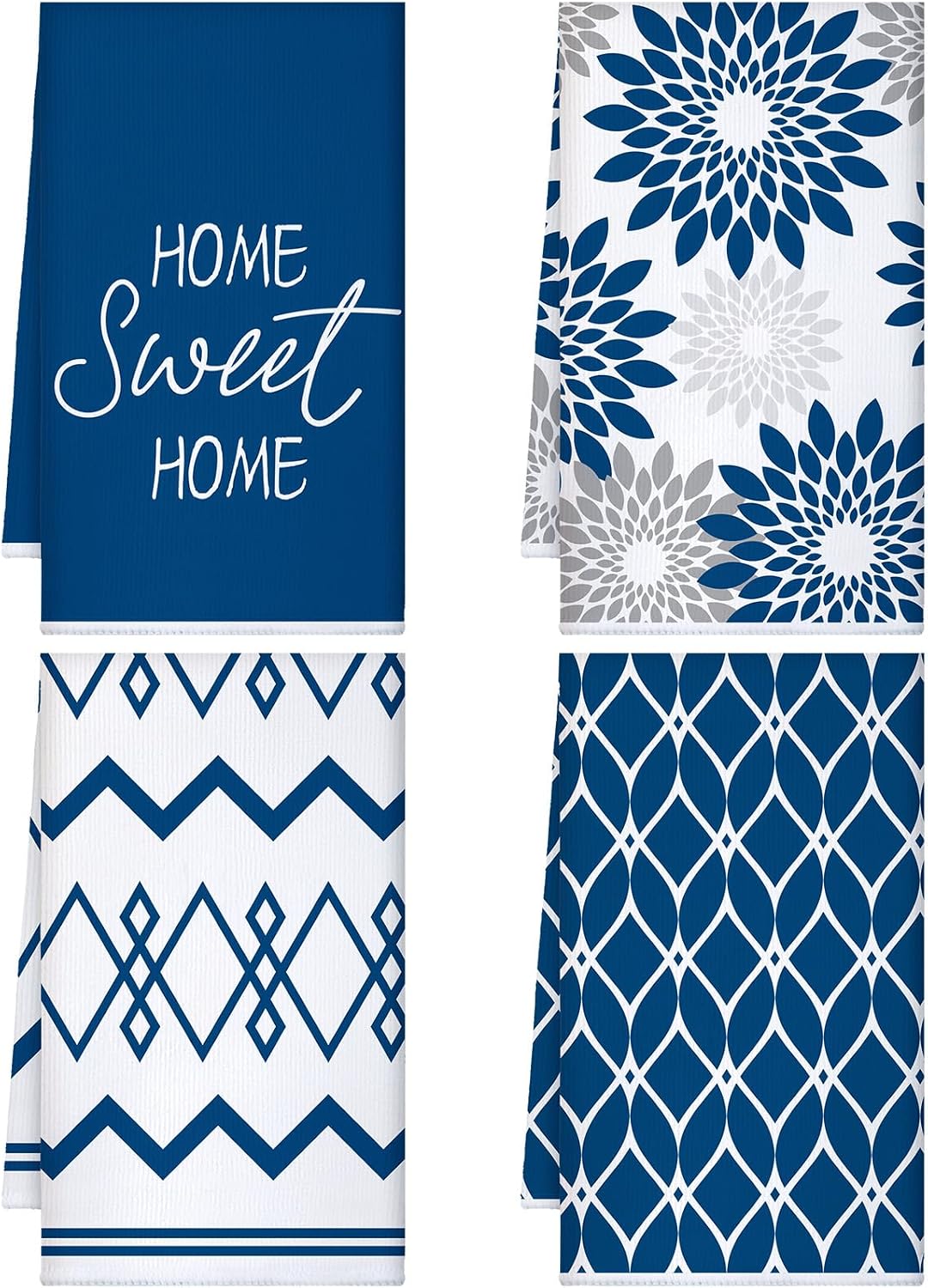Kajaia 4 Pcs Blue Kitchen Towels Floral Dish Cloths Geometric Tea Towel Winter Decorative Boho Hand Towels Absorbent Plaid Dishcloths Kitchen Accessories for Christmas Home Bathroom Housewarming Gifts