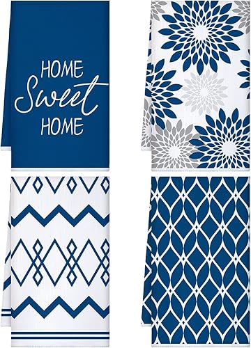 Kajaia 4 paños de cocina azules florales paños de cocina geométricos, toallas de mano decorativas bohemias, paños de mano absorbentes a cuadros,