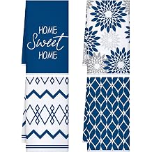 Kajaia 4 Pcs Blue Kitchen Towels Floral Dish Cloths Geometric Tea Towel Boho Decorative Hand Towels Absorbent Plaid Dishcloths Nautical Kitchen Accessories for Home Decor Bathroom Housewarming Gifts