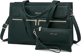 Bolso Mujer Grande Universidad de Cuero PU Shopper Impermeable Para Portátil Ordenador 15.6 Pulgadas Tote 2 Piezas Para Oficina Trabajo, Verde Oscuro
