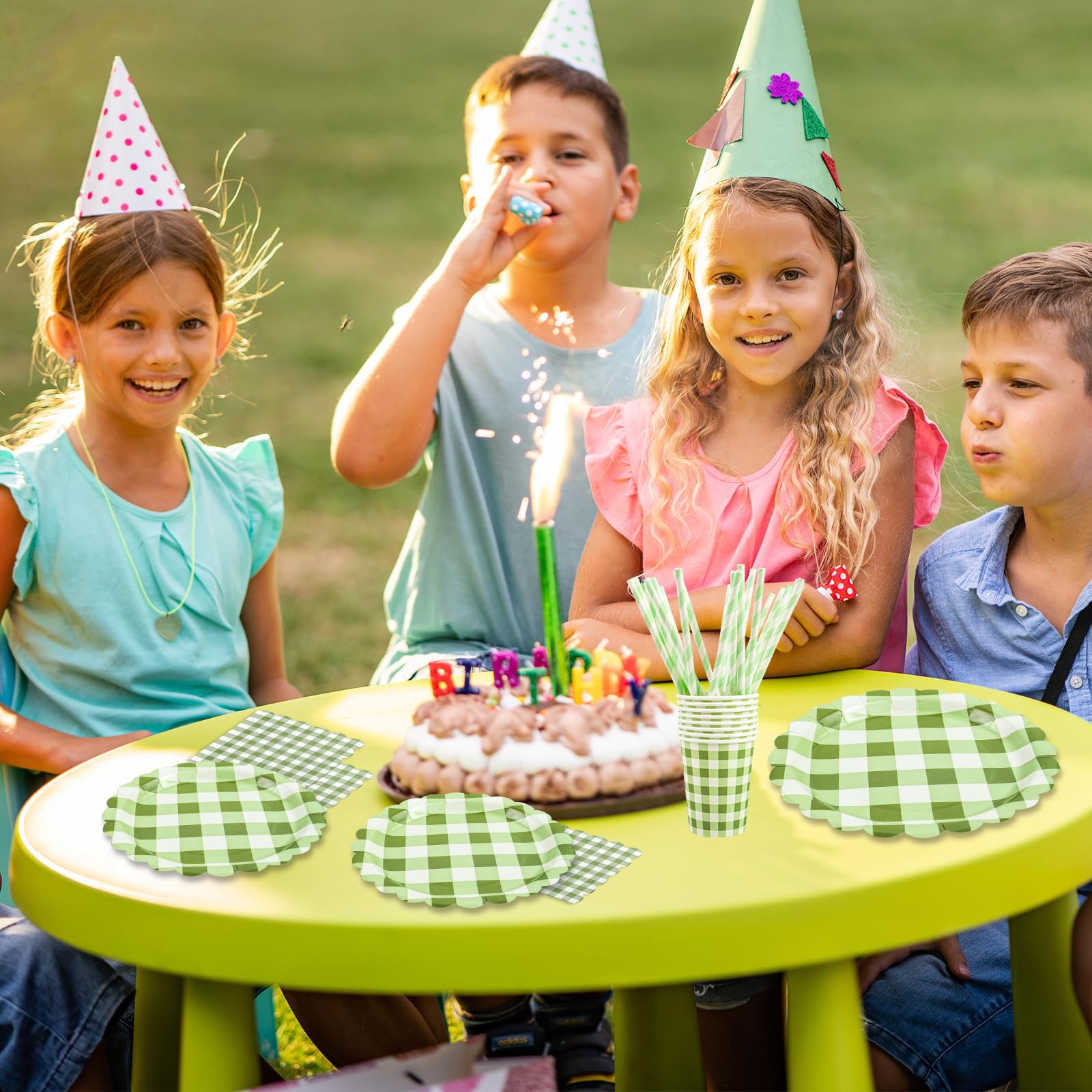 80 piezas de juego de vajilla de fiesta salvia y gingham, juego de platos y vasos de gingham para fiesta de té, cumpleaños, bodas, baby shower, decoración, aniversario