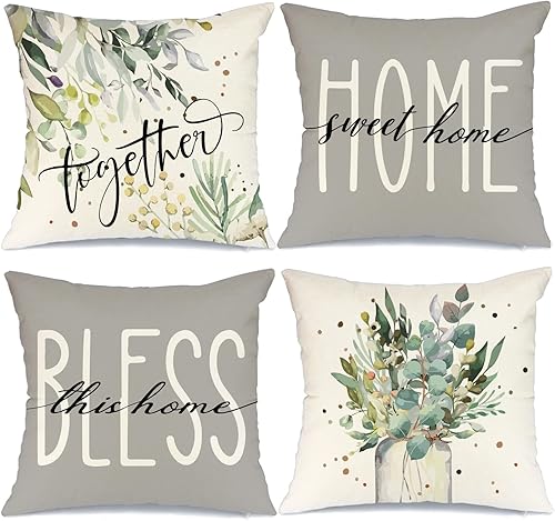 GEEORY Juego de 4 fundas de almohada decorativas de granja de 18 x 18 pulgadas, diseño de tarro de hojas de eucalipto para el hogar, color gris y