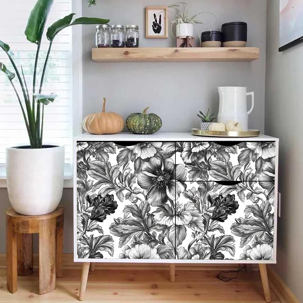 Papel pintado autoadhesivo Floral en blanco y negro Papel tapiz adhesivo Flor retro Plástico adhesivo impermeable para la parte posterior de la sala de estar el dormitorio los muebles el vinilo para