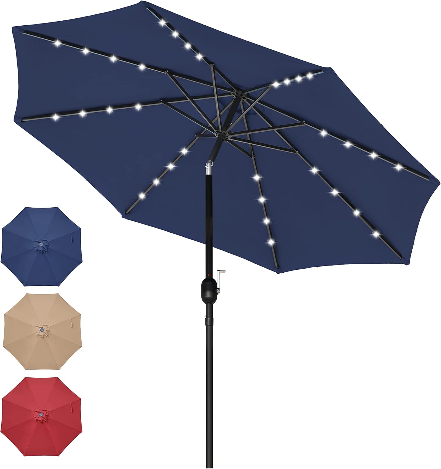 Simple Deluxe 9' Solar Umbrella 32 LED Lighted Patio Umbrella Table Market Umbrella with Push Button Tilt/Crank Outdoor Umbrella for Garden, Deck, Backyard and Pool, Dark Blue Dark Blue LED 9ft LED
