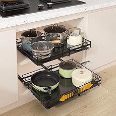 Pull Out Drawers for Kitchen Cabinets, 21" Deep, (12.6"-21.3") Expandable Cabinet Drawers Slide Out with Adhesive, Adjustable Deep Roll Out Cabinet Organizer for Pantry Pots Pans (Black-1 Pack)