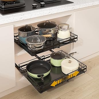 Pull Out Drawers for Kitchen Cabinets, 21" Deep, (12.6"-21.3") Expandable Cabinet Drawers Slide Out with Adhesive, Adjustable Deep Roll Out Cabinet Organizer for Pantry Pots Pans (Black-1 Pack)