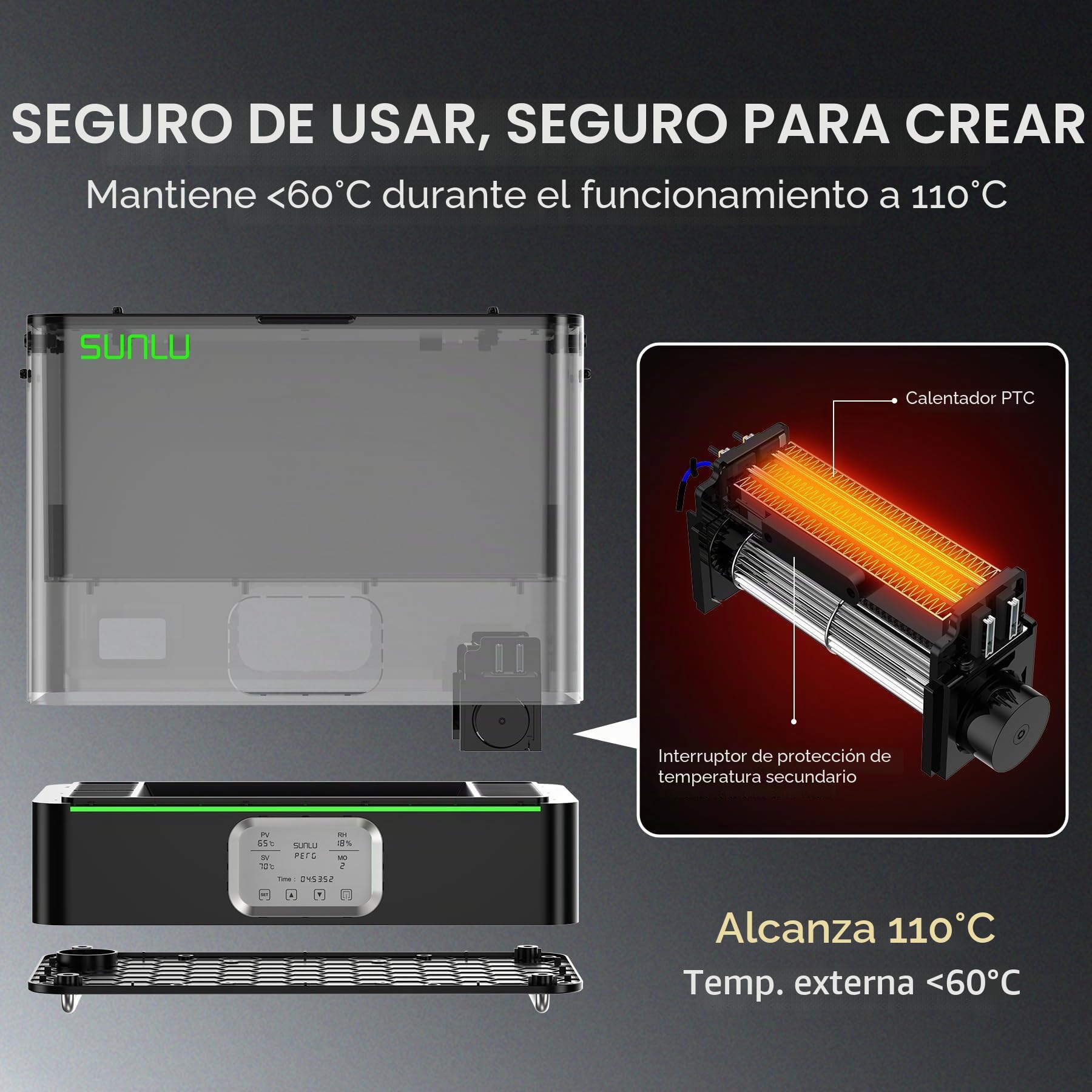 SUNLU Oficial E2 Secador de Filamento, 110°C Máx, Calentador PTC 500W, Secado y Recocido 2-en-1, Cámara Dual para Filamentos Técnicos PC PA-CF FR-ABS (Negro)