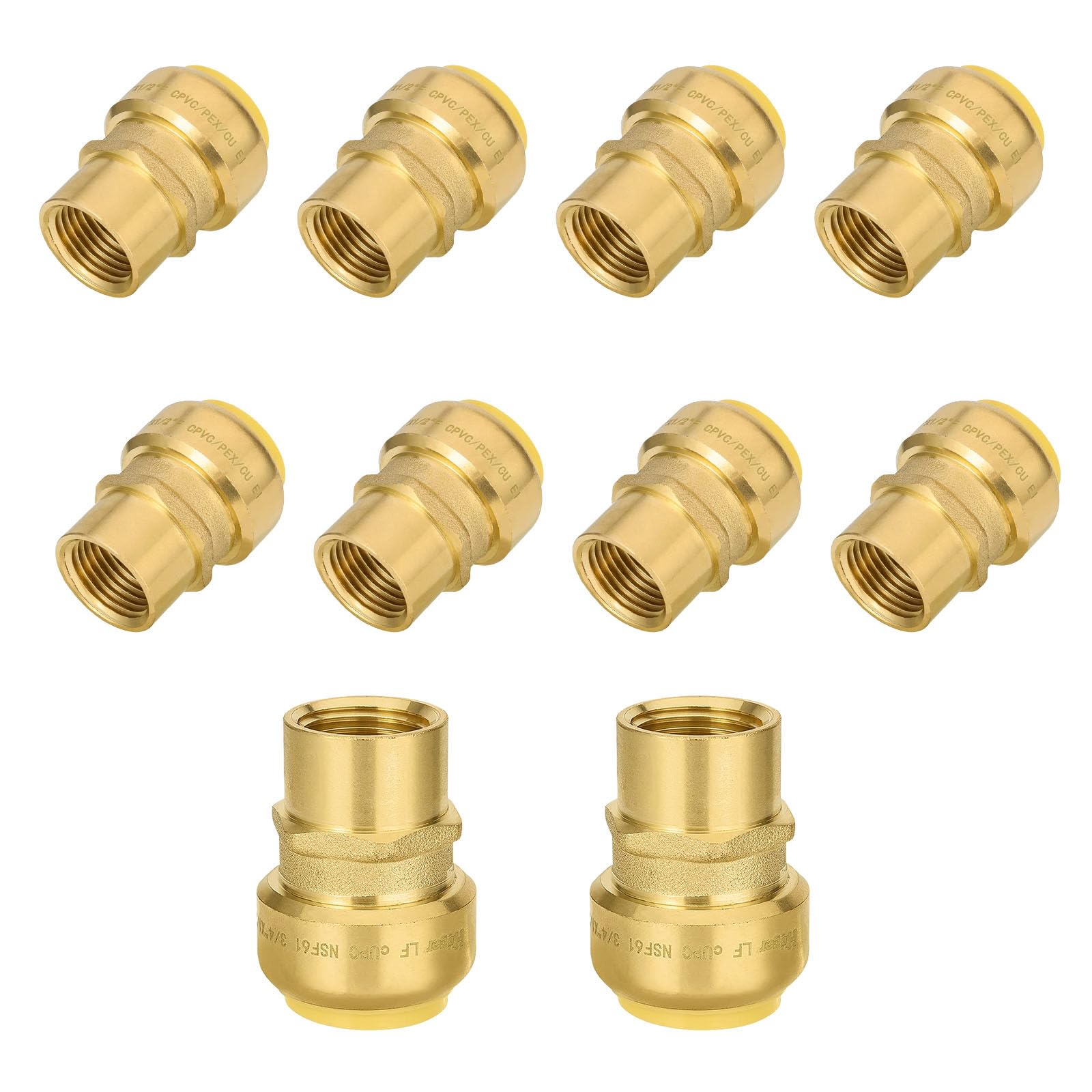 10 szt. złączek mosiężnych Foskan 3/4" Push-to-connect x 1/2" z gwintem wewnętrznym, do łączenia rur PEX, miedzianych, C, PE-RT, z zaciskiem rozłączającym do napraw hydraulicznych (PTC x FNPT)