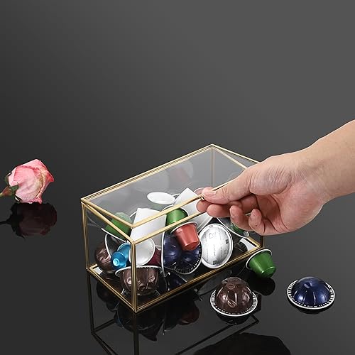 Miniatura 9 de ELLDOO Soporte de cápsulas de café de vidrio dorado, caja de almacenamiento de cápsulas de café con tapa, bolsas de té, paquetes de azúcar, soporte