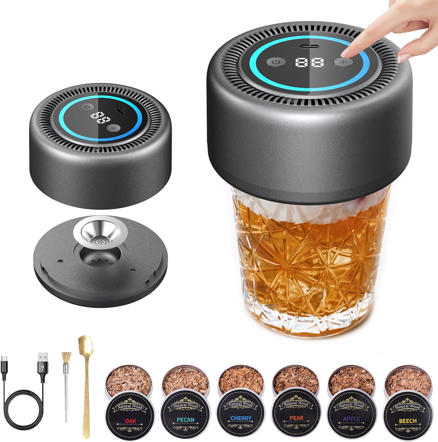 Electric Whiskey Smoker Kit,Cocktail Kit with 6 Flavors Wood Chips, Rechargeable Old Fashioned Smoker Kit Built-in Lighter, Built-in ambient light