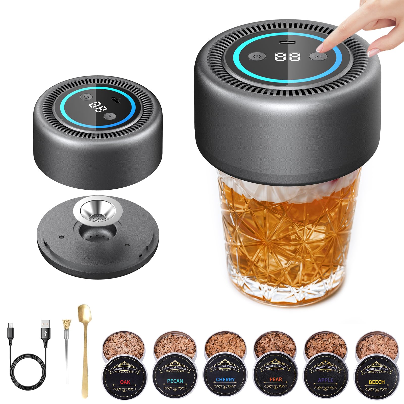Electric Whiskey Smoker Kit & Cocktail Smoker Kit – Flameless with LED Breathing Light & Countdown, Type-C Rechargeable (170+ Ignitions), 6 Wood Chips for Home Bar & Outdoor-image-33