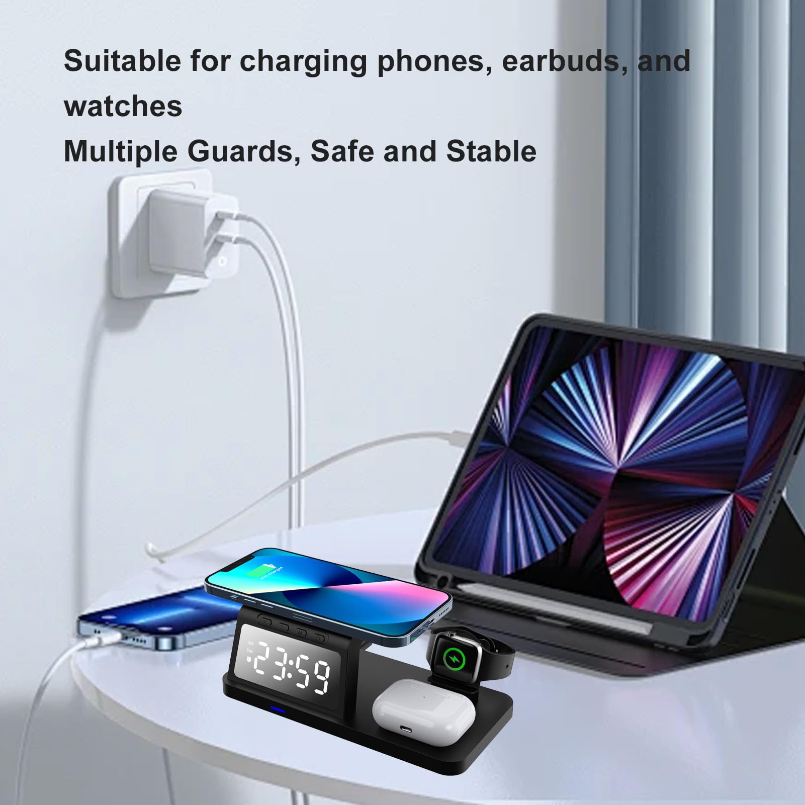 Station de Charge sans Fil, Réveil avec Chargeur de Téléphone, Horloge de Charge Rapide pour Les écouteurs de Montre de Téléphone, Interface de Type C, 15W, 10W, 7,5 W, Support