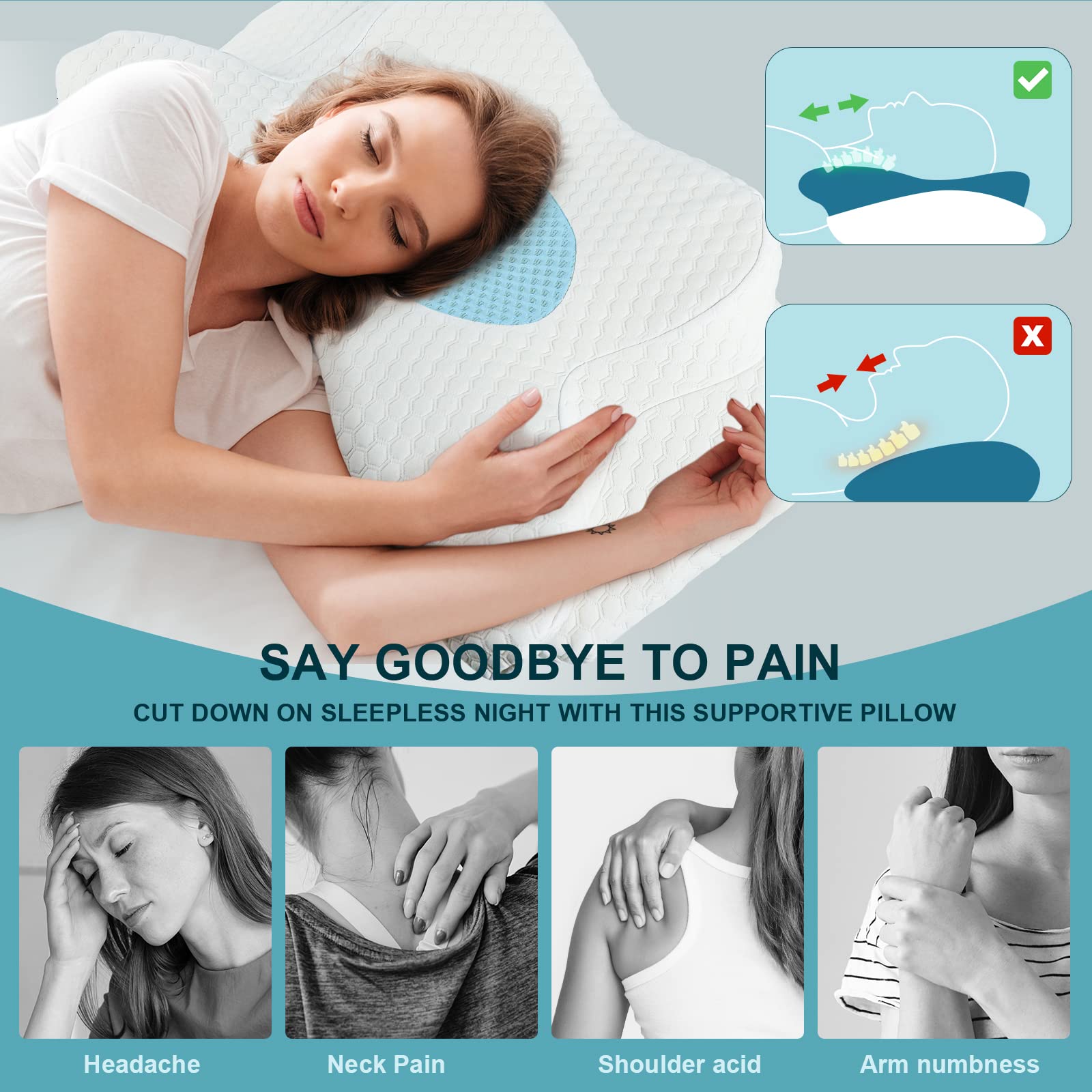 Cervical Memory Foam Pillow for Neck Pain Relief, Ergonomic Contour Support Pillow for Side Sleepers - Image 3