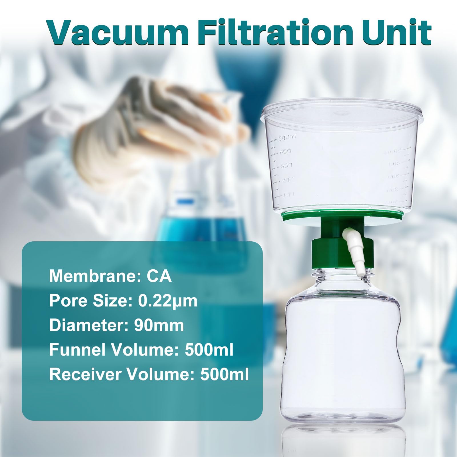 Sistema de filtración al vacío de 500 ml, unidades de filtro estéril desechables con membrana CA, tamaño de poro 0,22 μm, diámetro de 90 mm, para laboratorio y química, con escala, envasado