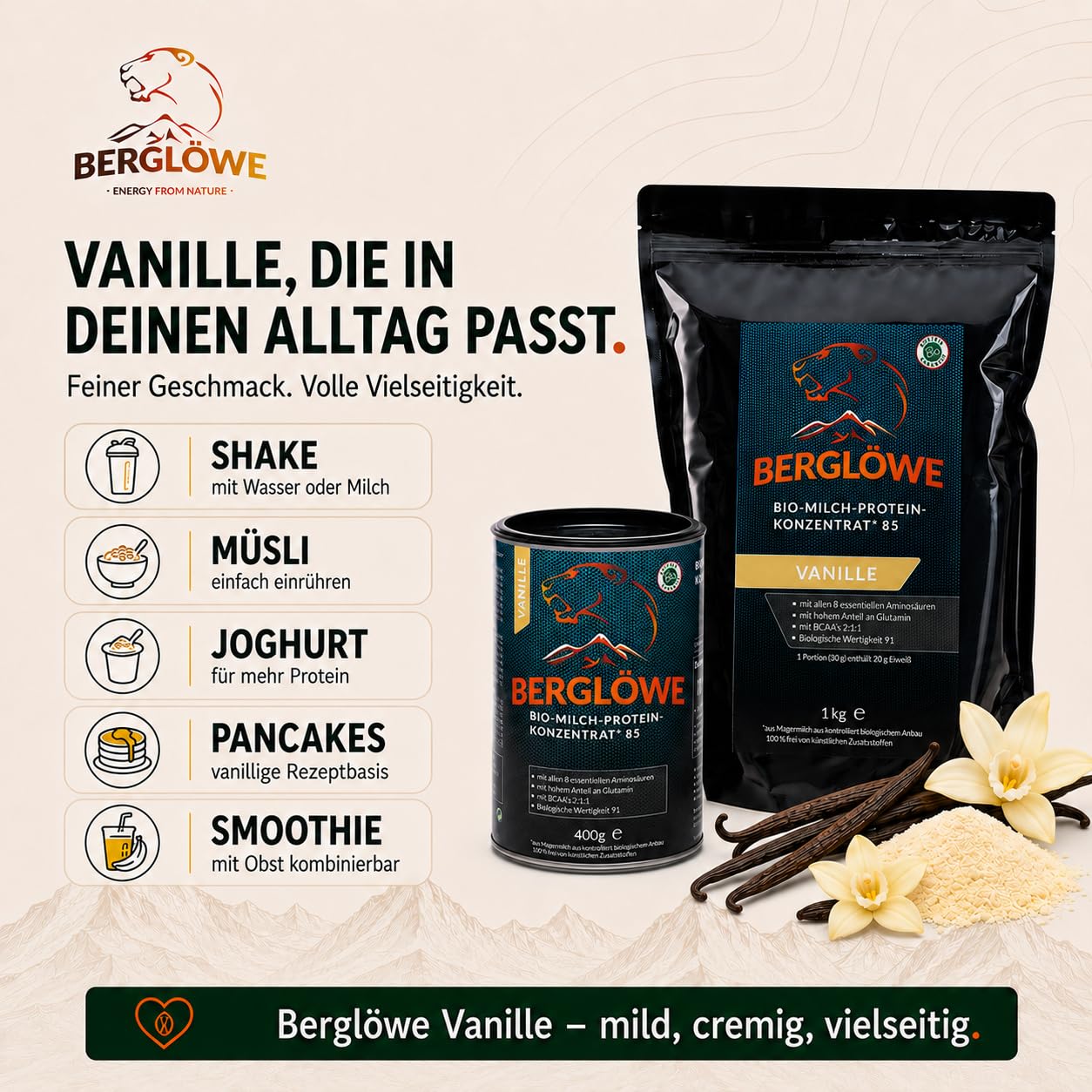 Bio Proteinpulver von BERGLÖWE: Bio Milchprotein Konzentrat Vanille (80% Casein 20% Whey)