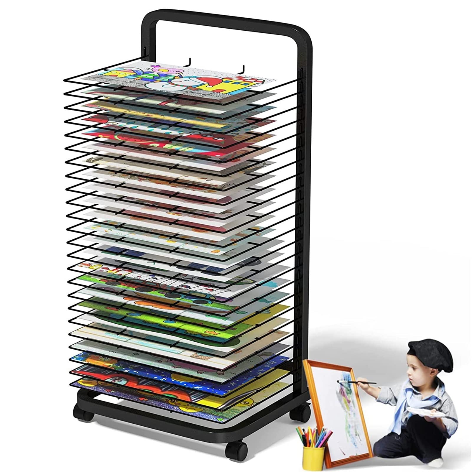 JYHHGDS Art Drying Rack for Classroom Space Saver, Mobile Metal Artwork Storage Display Shelf Art Rack Art Organizer for Kids, Art Studio, Painting Drying Rack, Black, 3 Sizes-25 Shelves