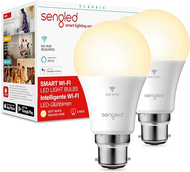 Sengled Smart Bulbs Alexa Light Bulbs Bayonet, WiFi Bulbs That Work with Alexa Smart Home Devices & Google Home, Dimmable LED Bulbs B22, Remote Control, Smart Light Bulbs 8.8W, 806LM 2700K, 2 Pack